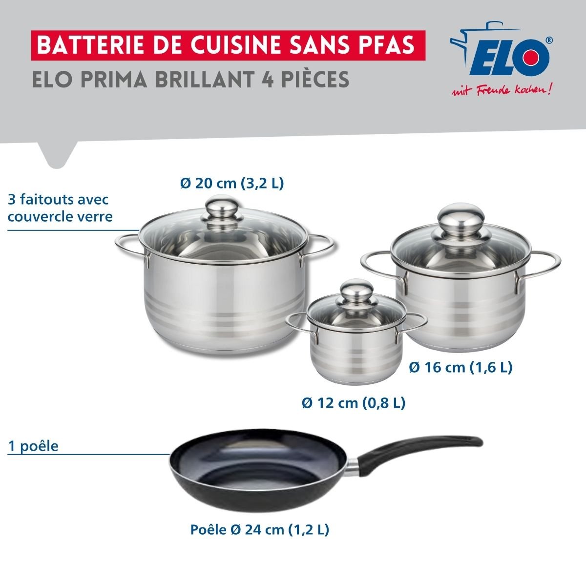 Batterie 1 poêle 24cm + 3 faitouts 12/16/20cm PRIMA BRILLANT noir, ELO