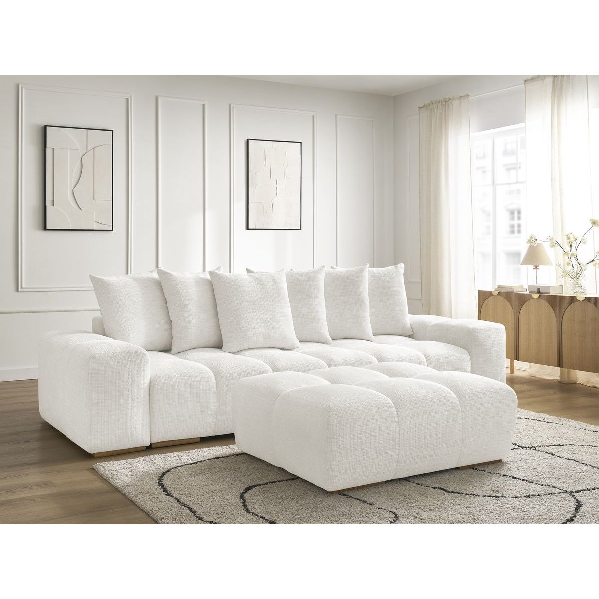 Canapé droit fixe 3 places en tissu texturé avec pouf, ANAKIN blanc, BOBOCHIC