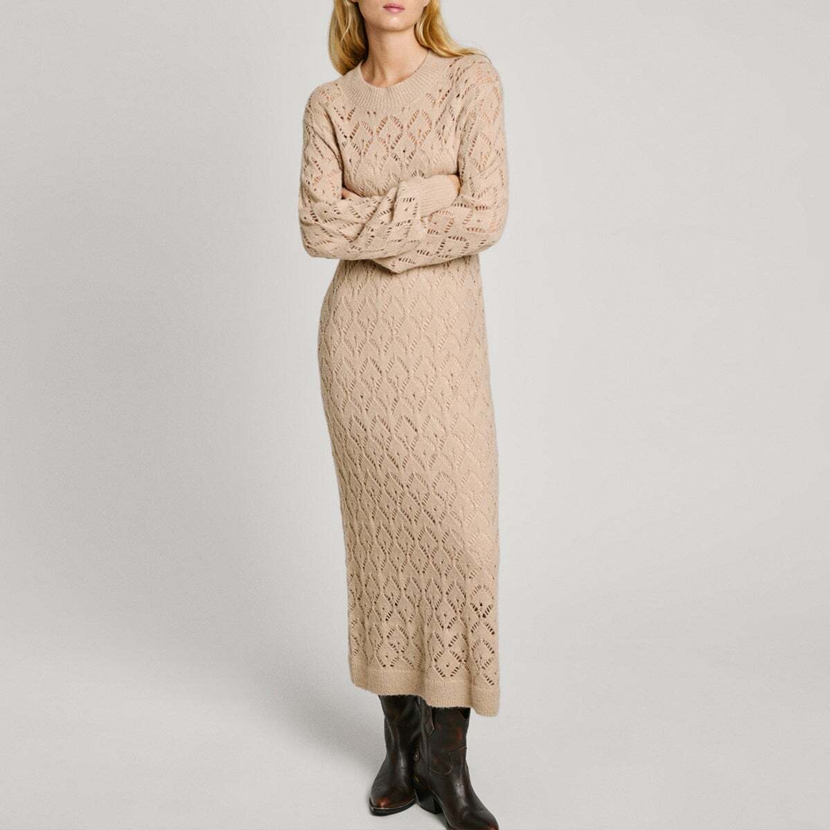 Robe Midi Ajourée beige clair, PEPE JEANS