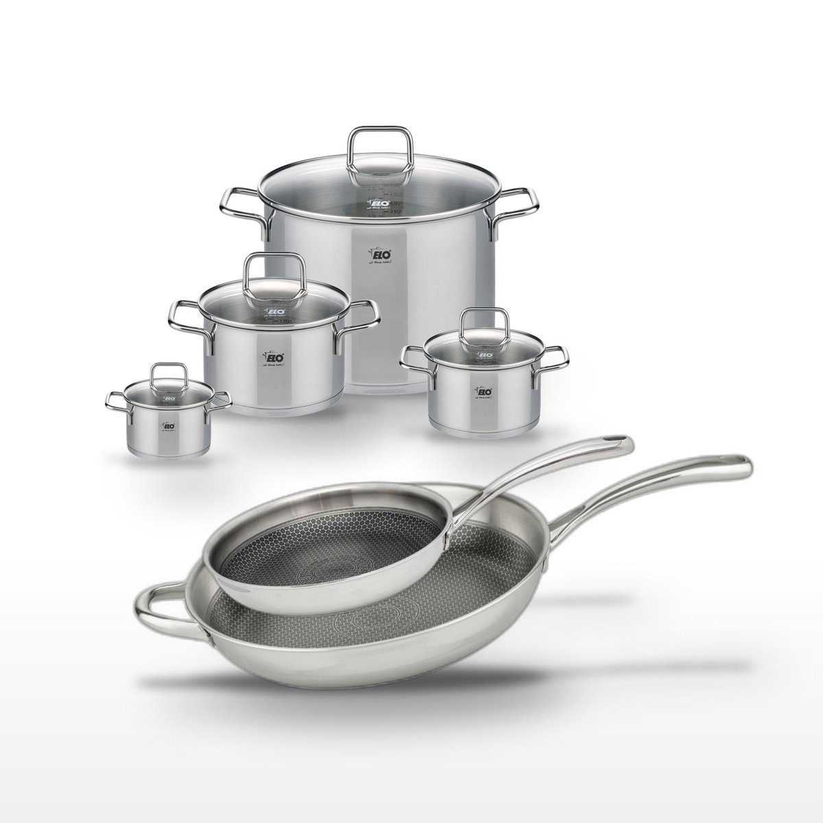 2 poêles 28/32cm + 4 faitouts 12/16/20/26cm RELIEF EVOLUTION inox, ELO