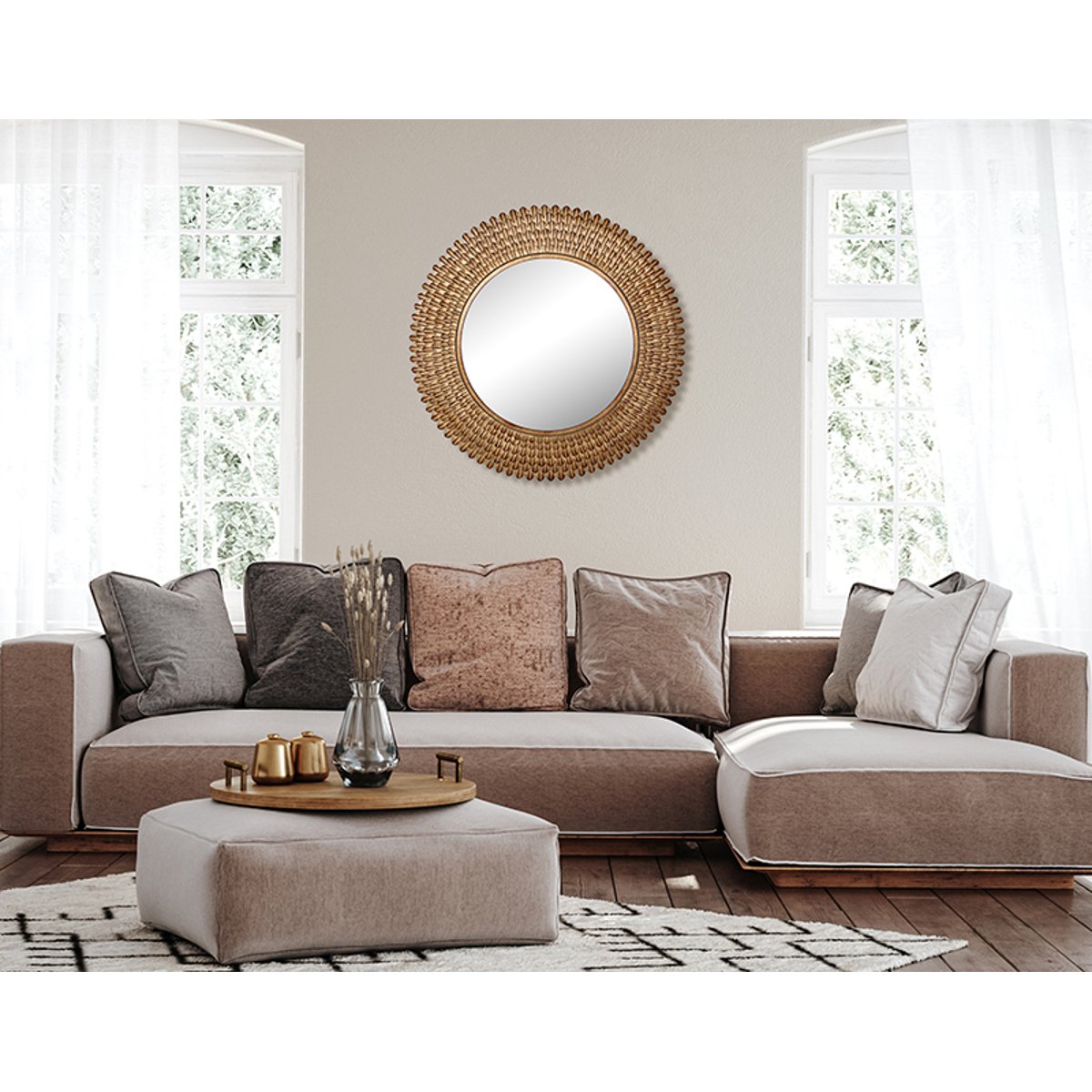 Miroir rond plumes métal 76cm or, EMDE