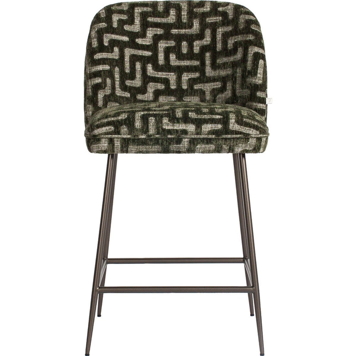 Tabouret de comptoir métal, Assise rembourrée vert mousse motif labyrinthe, RECOLLECTION
