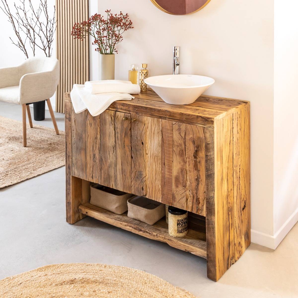 Meuble sous vasque en bois recyclé NAËL bois foncé, MADE IN MEUBLES