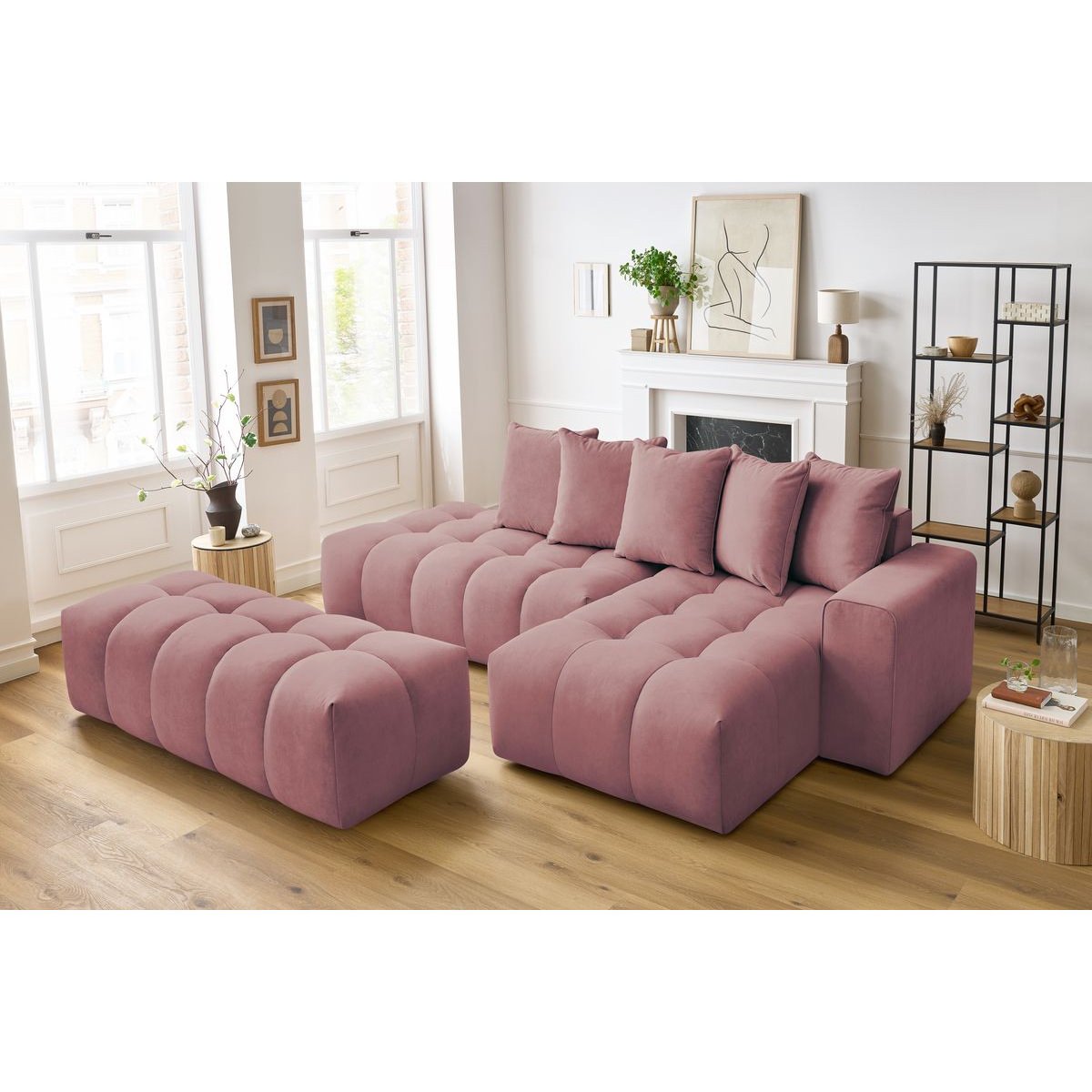 Canapé d'angle fixe 4 places en velours avec pouf, MONT-BLANC rose, BOBOCHIC