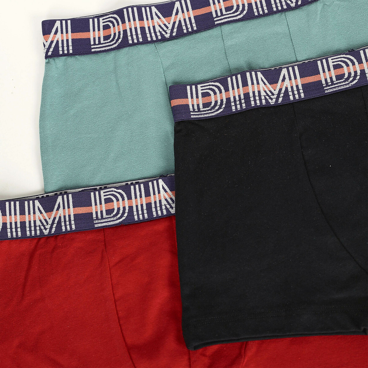 Lote de 3 boxers em algodão stretch preto + verde + vermelho-bordeaux, DIM