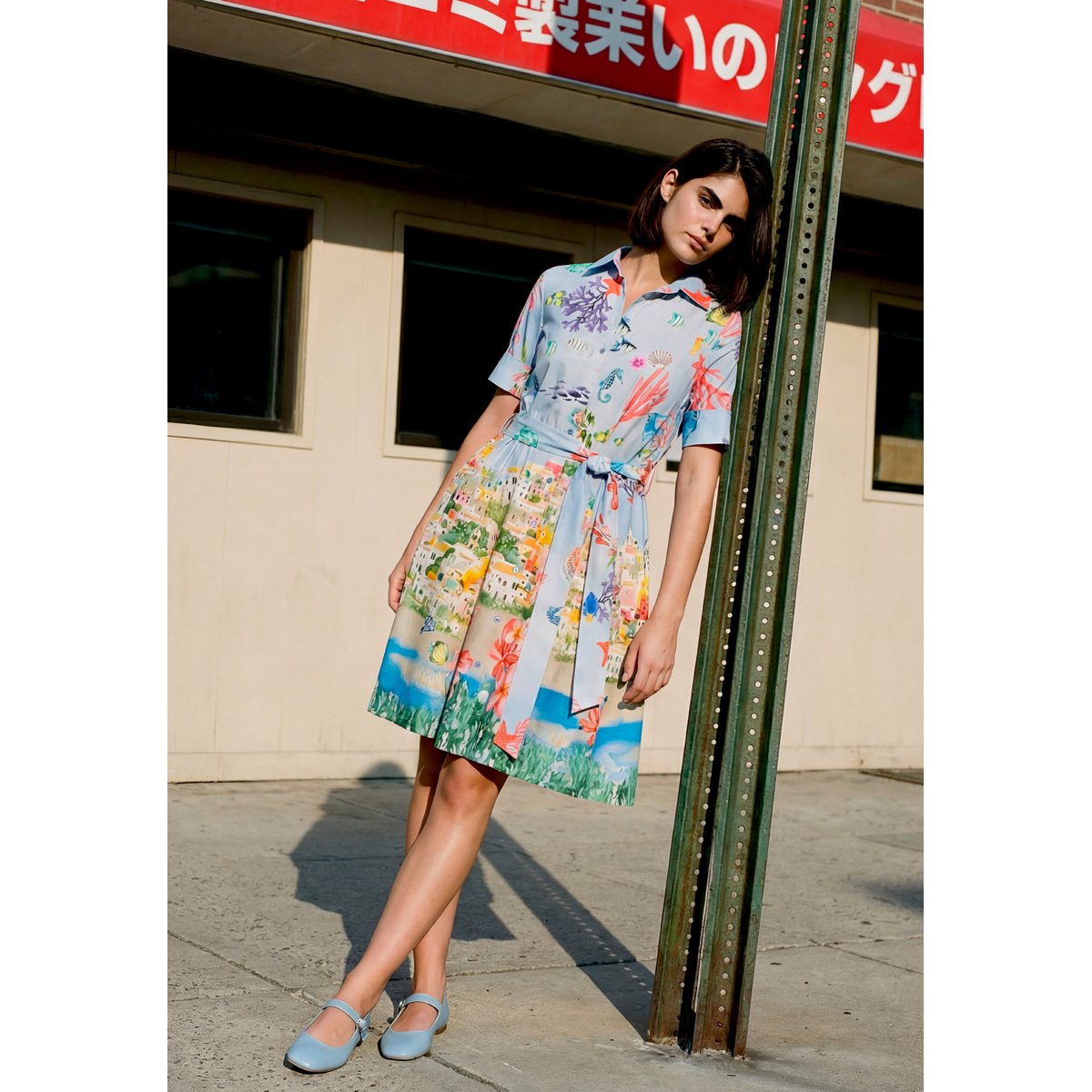 Robe-chemisier à patte de boutonnage light blue/red, VERA MONT