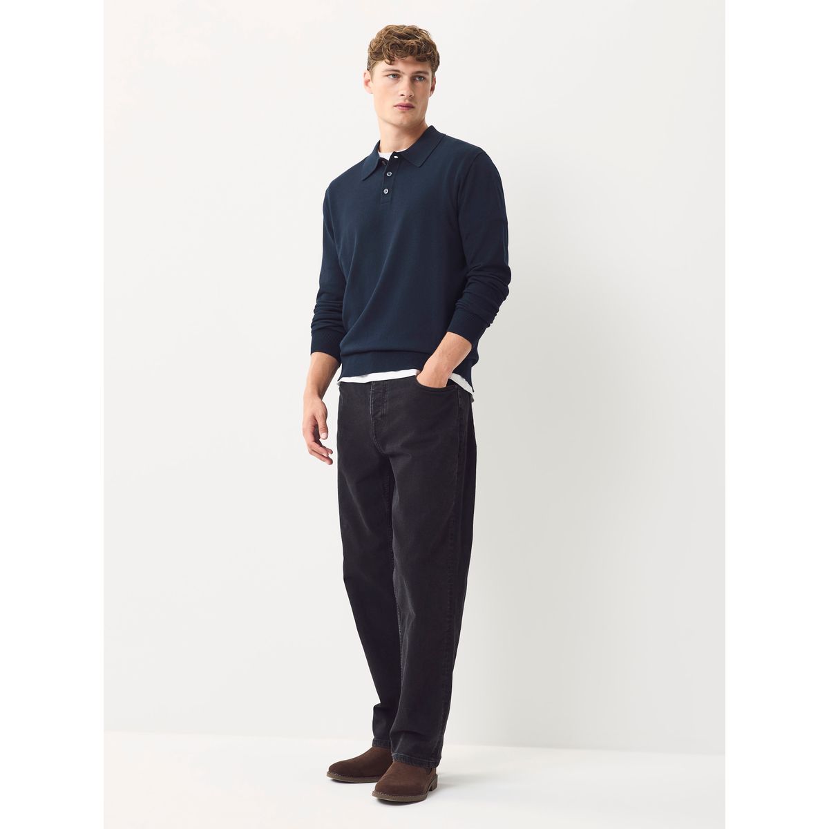 Polo en maille de coton manches longues bleu marine, NEXT