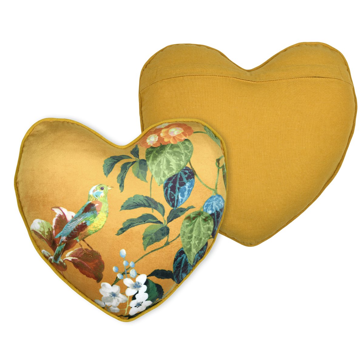 Coussin en forme de cœur à motif végétal jaune moutarde, LOVELY CASA