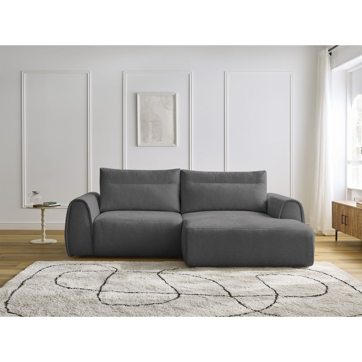 Canapé d'angle fixe compact 3 places tissu lisse, ADEN gris foncé, BOBOCHIC