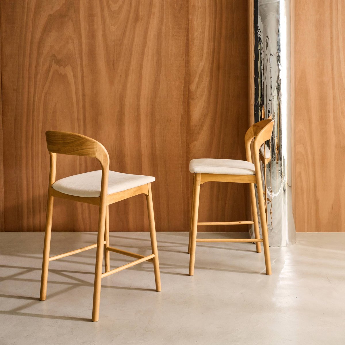Tabouret de bar vintage bois d'hévéa et tissu 67,5cm (lot de 2) ATHENA naturel, SWEEEK