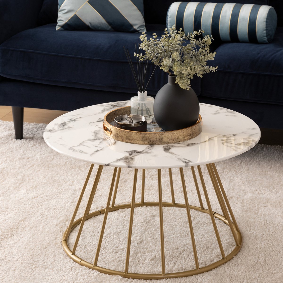 Table basse ronde en verre effet marbre RAYO blanc, ATMOSPHERA