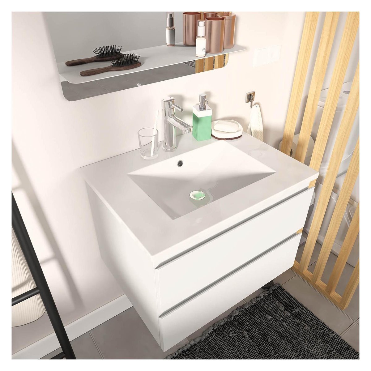 Meuble simple +vasque+miroir+colonne SORRENTO blanc, MOB IN