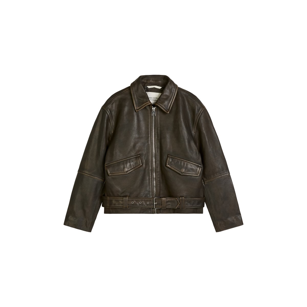 Veste en cuir relaxed en cuir d'agneau doux à l'aspect vintage marron foncé, MARC O'POLO