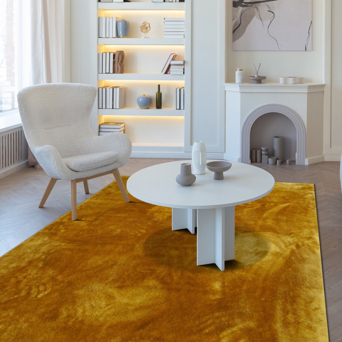 Tapis salon doux antidérapant TENDREMENT jaune, THE DECO FACTORY