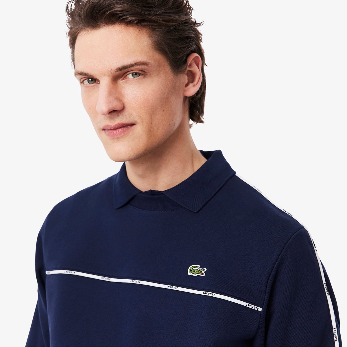 Sweatshirt molleton liserés griffés bleu-166, LACOSTE