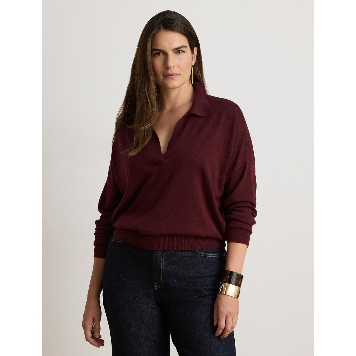 Jersey con cuello polo, camisa de punto fino burdeos, LAUREN RALPH LAUREN