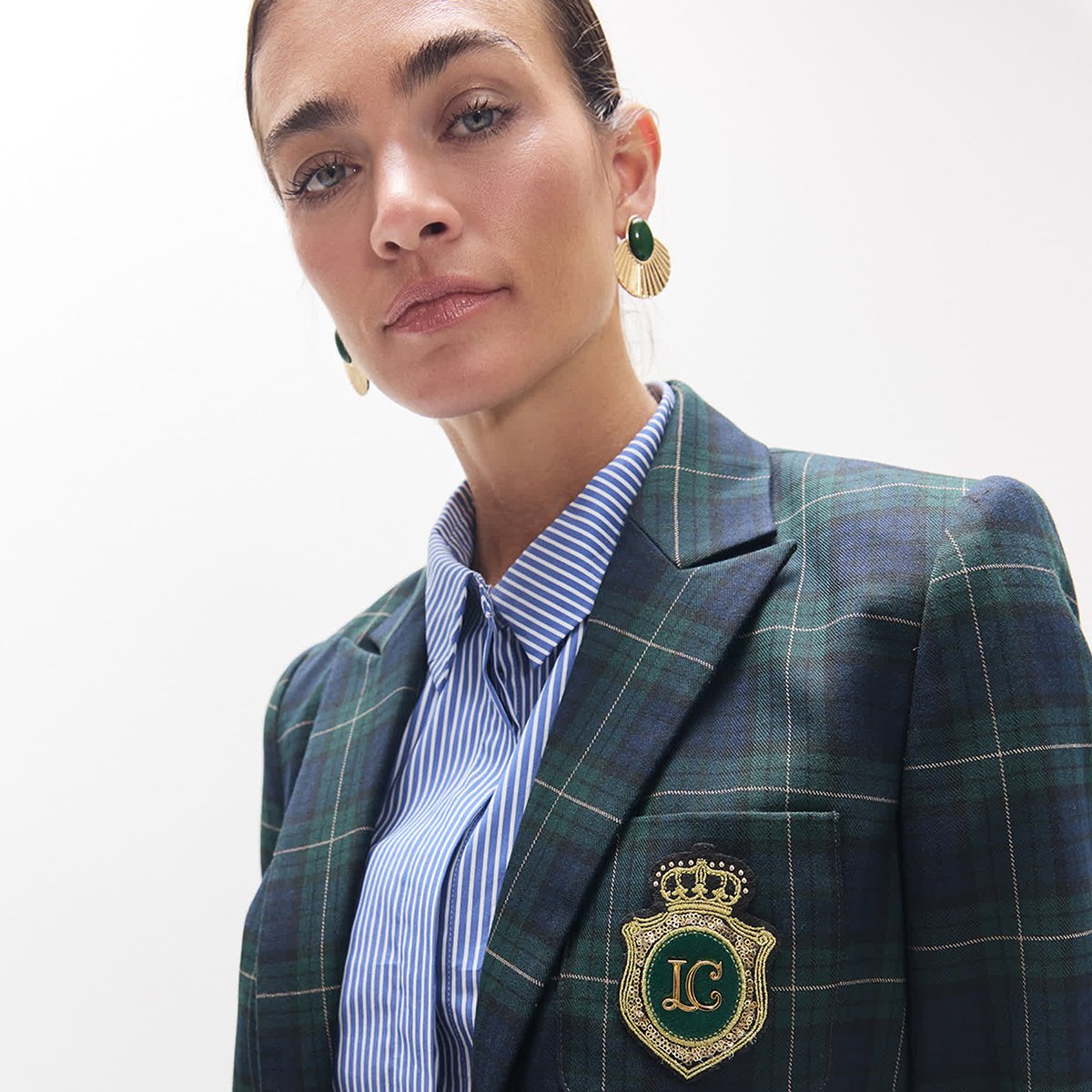 Blazer à carreaux tartan avec écusson brodé vert foncé, LOLA CASADEMUNT