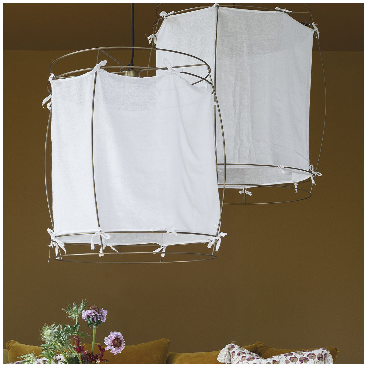 Suspension tissu et métal finition laiton 50x50x51 blanc, BLANC D’IVOIRE