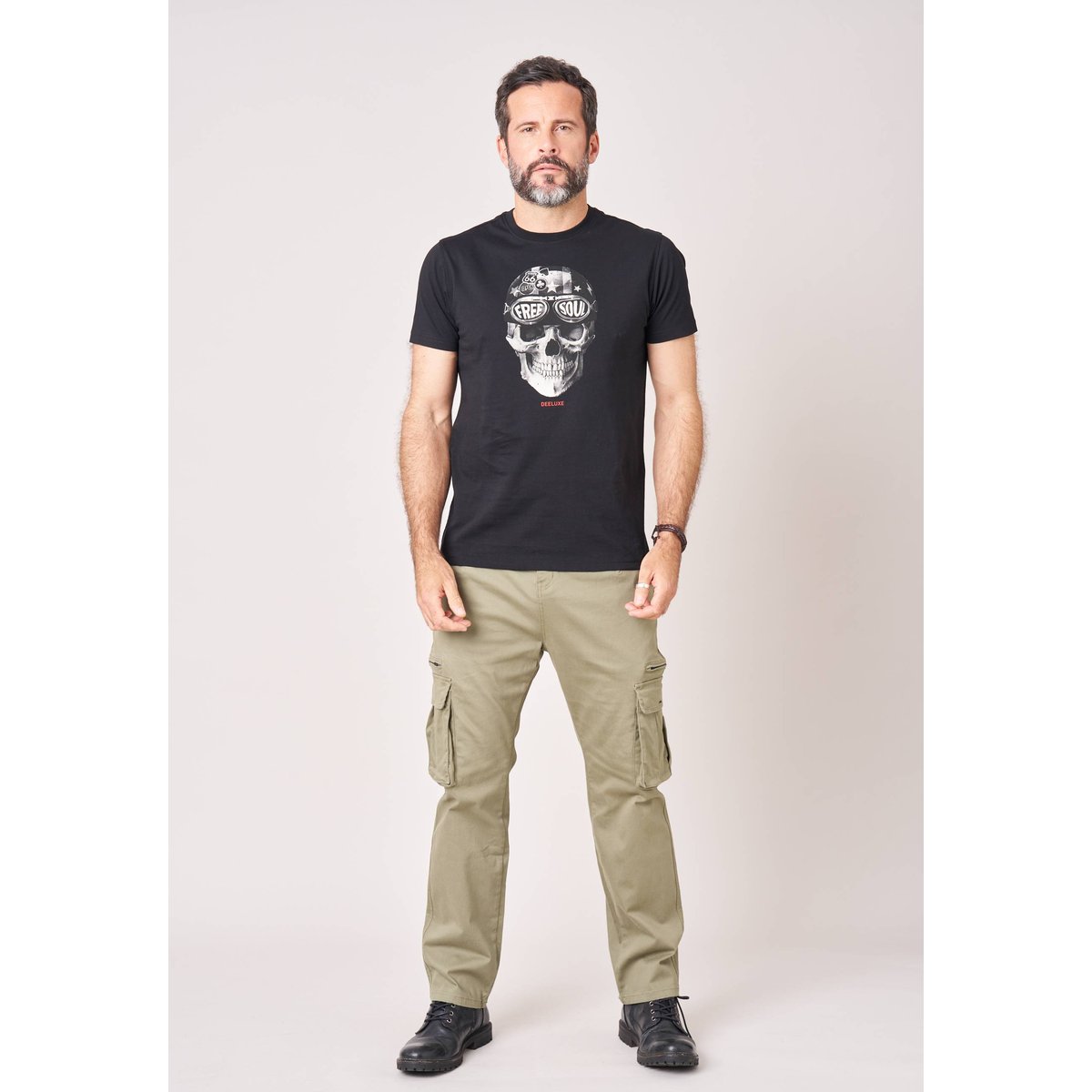 T-shirt regular homme en jersey 100% coton imprimé crâne avec casque et lunettes DEKARIO noir, DEELUXE