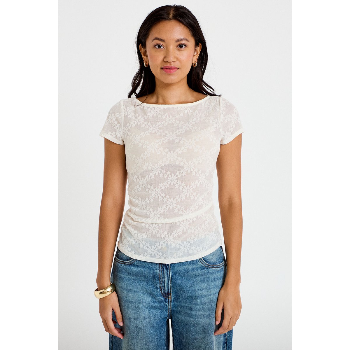 T-shirt ajusté dentelle col bateau ecru, CACHE CACHE