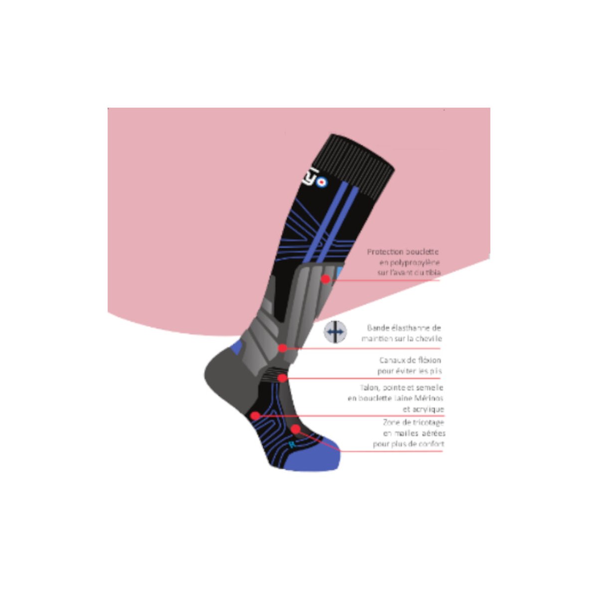 Mi-bas ski MASTER 7 en laine mérinos et polyamide noir rouge, THYO