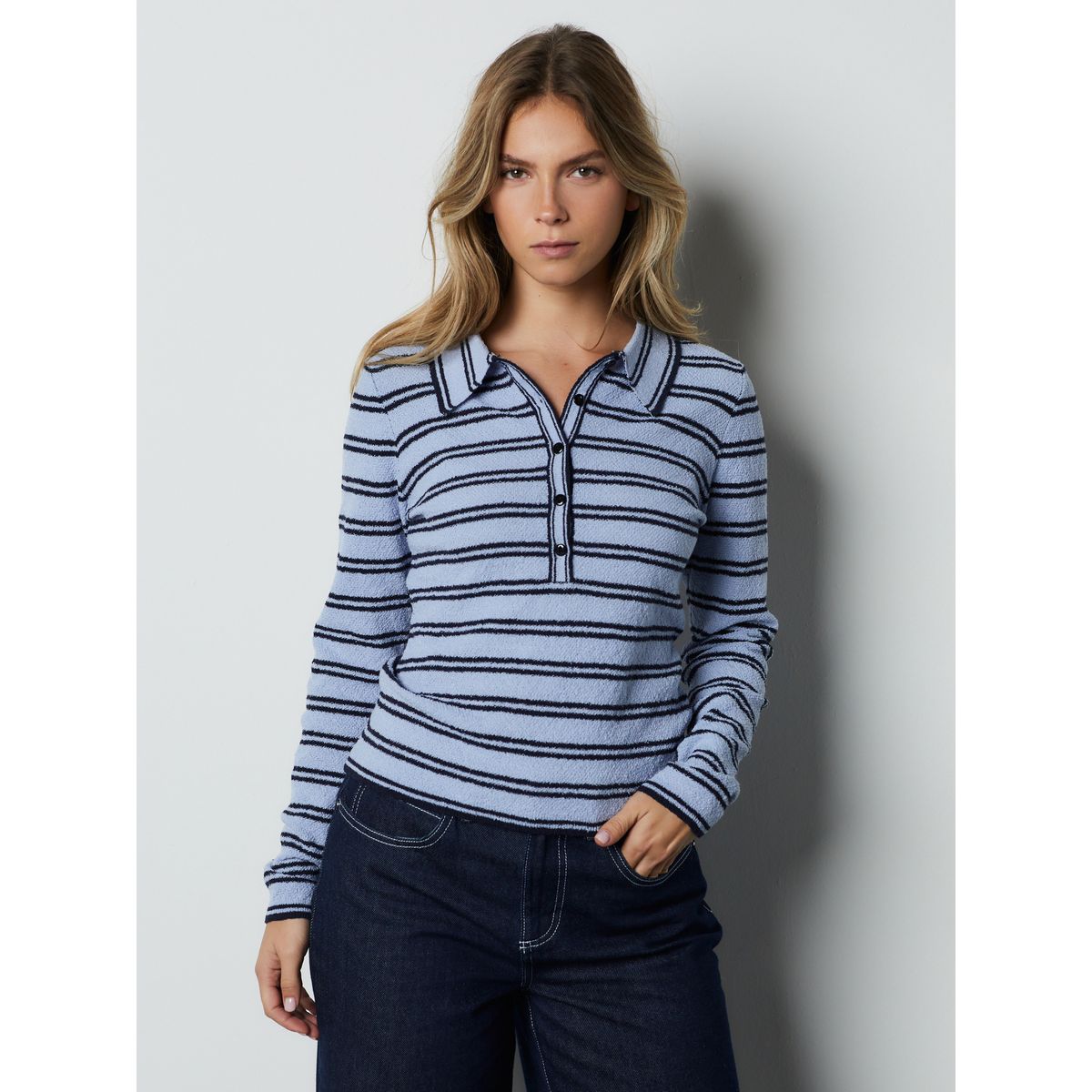 Polo aspect maille à manches longues rayures bleu/noir, NEXT