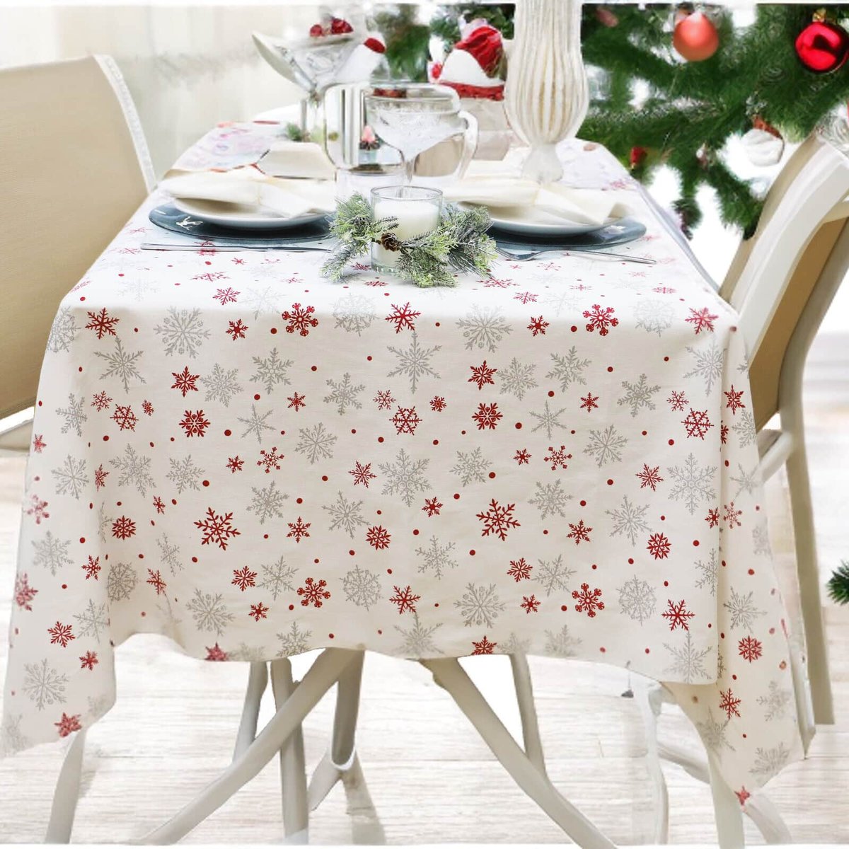 Nappe de Noël en coton FLOCON blanc, LINANDELLE