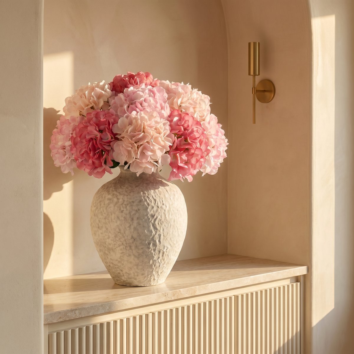 Bouquet de 9 tiges d'hortensia artificiel H63 rose, SIA