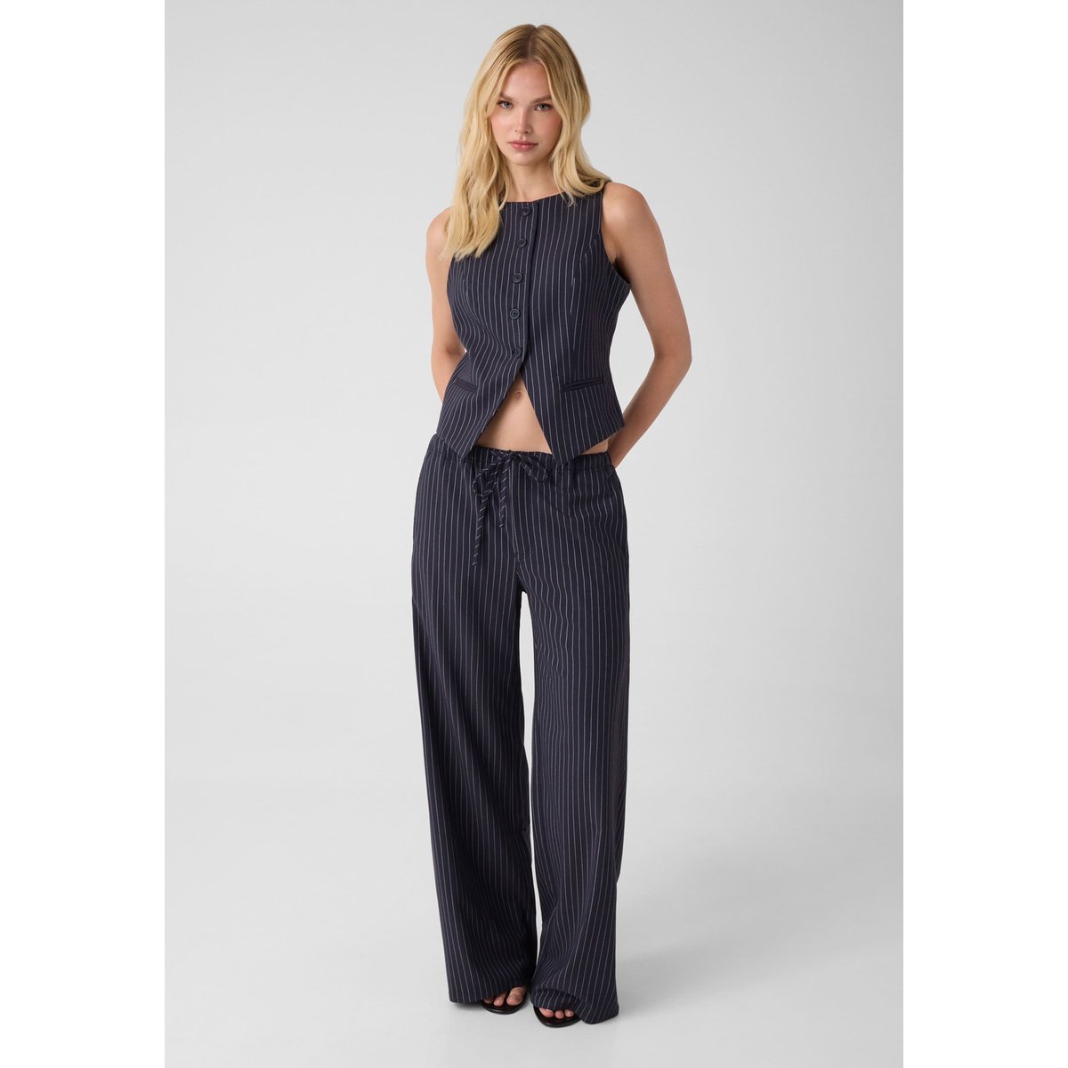 Pantalon À Fines Rayures Wide-Leg bleu foncé, GUESS