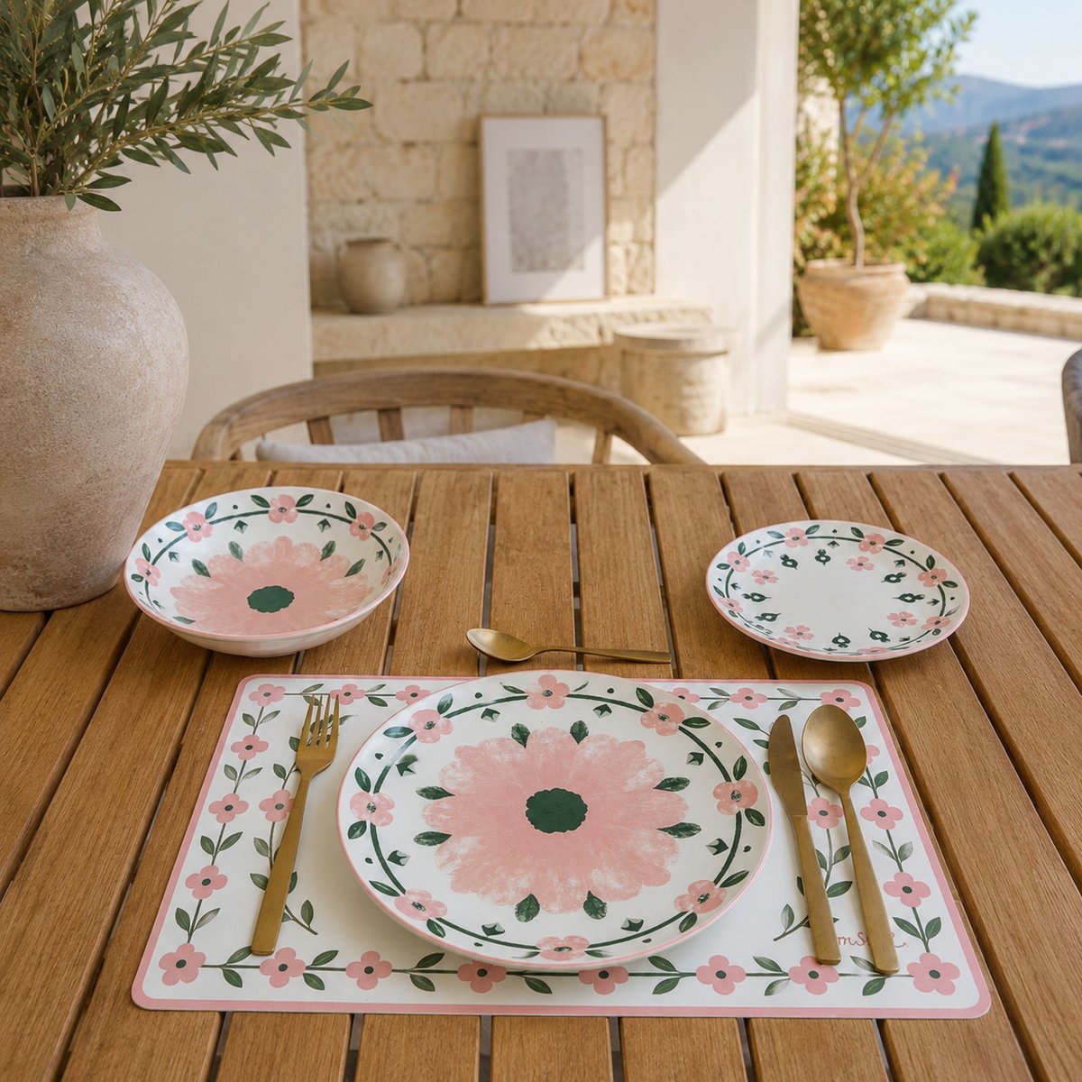 Lot de 6 assiettes plates 27cm en porcelaine, PRIMAVERA blanc-rose, NOVASTYL