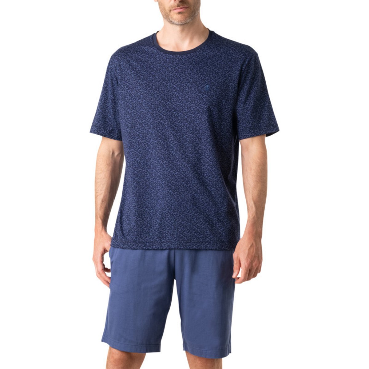 Pyjama court en coton bleu marine à minis motifs avec un col rond marine, EMINENCE