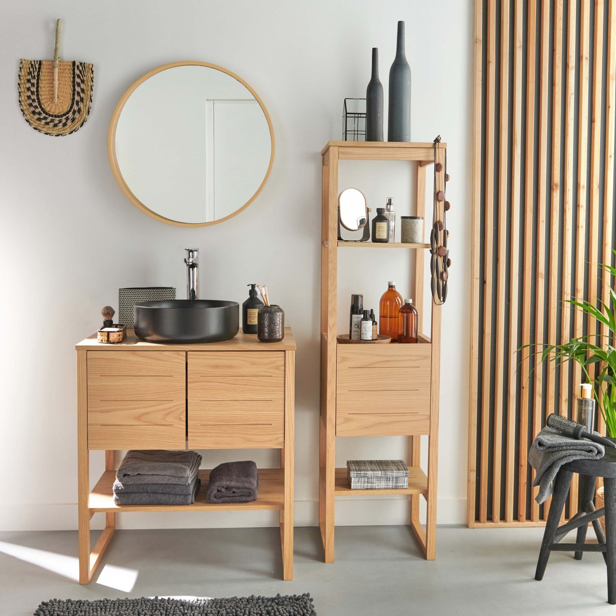 Meuble double +vasque +miroir +colonne ATOLL bois clair, MOB IN