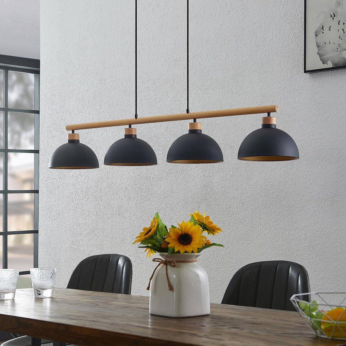 Suspension en métal vintage, Tirzana noir, or, bois clair, LINDBY