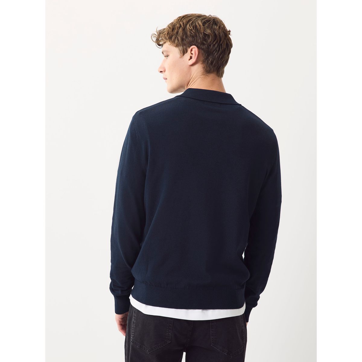 Polo en maille de coton manches longues bleu marine, NEXT