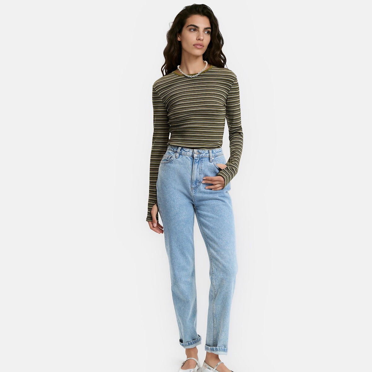 Striped Ribbed Mitten Detail T-Shirt green striped, LA REDOUTE COLLECTIONS