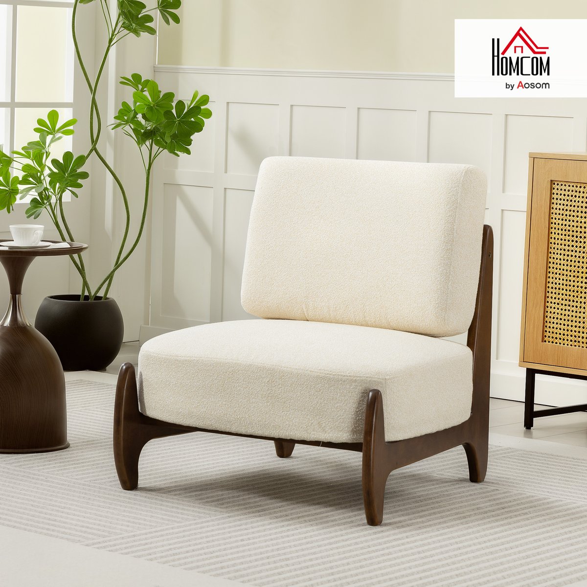 Accent Chair Chenille (100% polyester) Crème crème, bois clair, HOMCOM