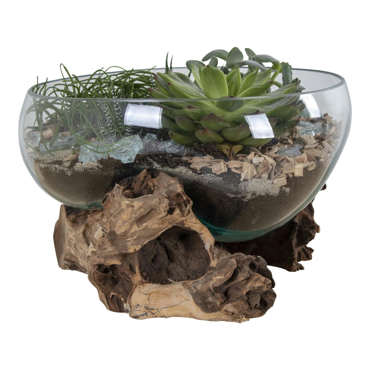 Petit vase verre soufflé et racine teck, artisanal ARIZONA bois naturel, PIER IMPORT