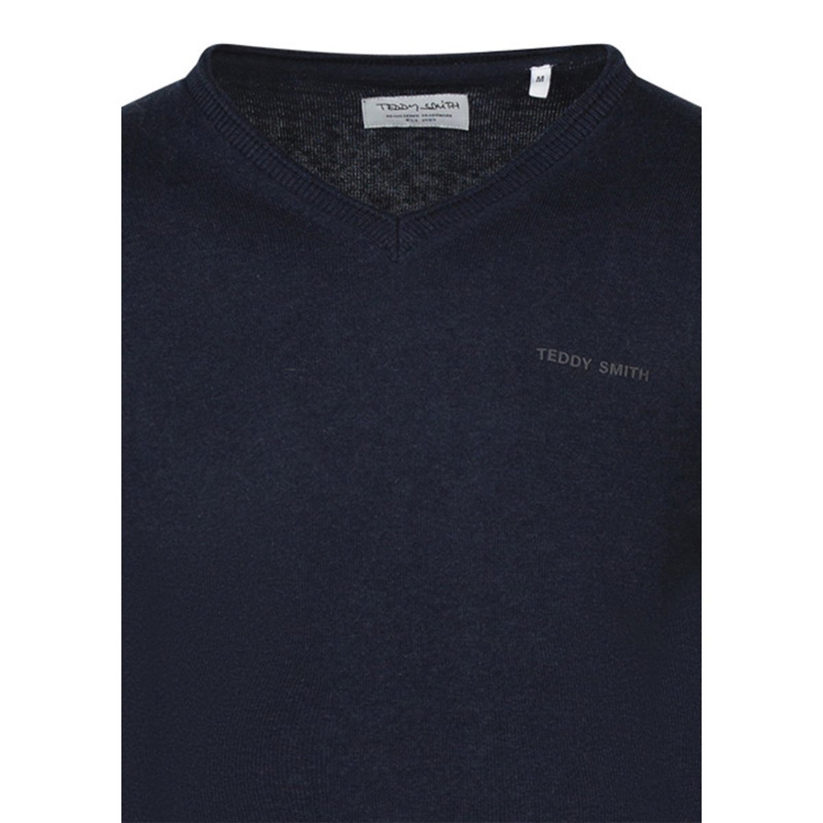 Pull en coton bleu clair à coupe droite pourvu d'un col v côtelé bleu foncé, TEDDY SMITH
