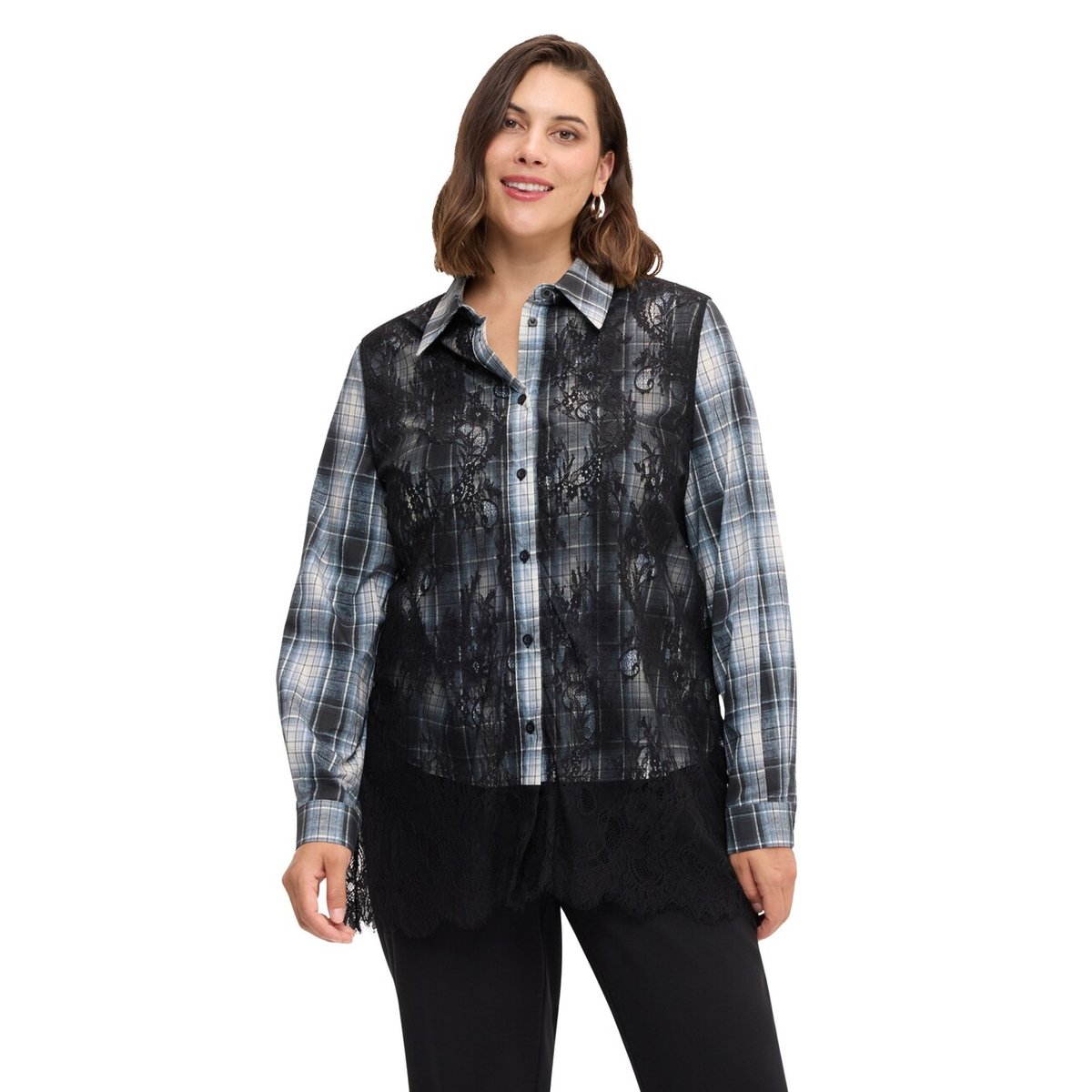 Chemise à carreaux avec empiècements en dentelle florale noir, FIORELLA RUBINO