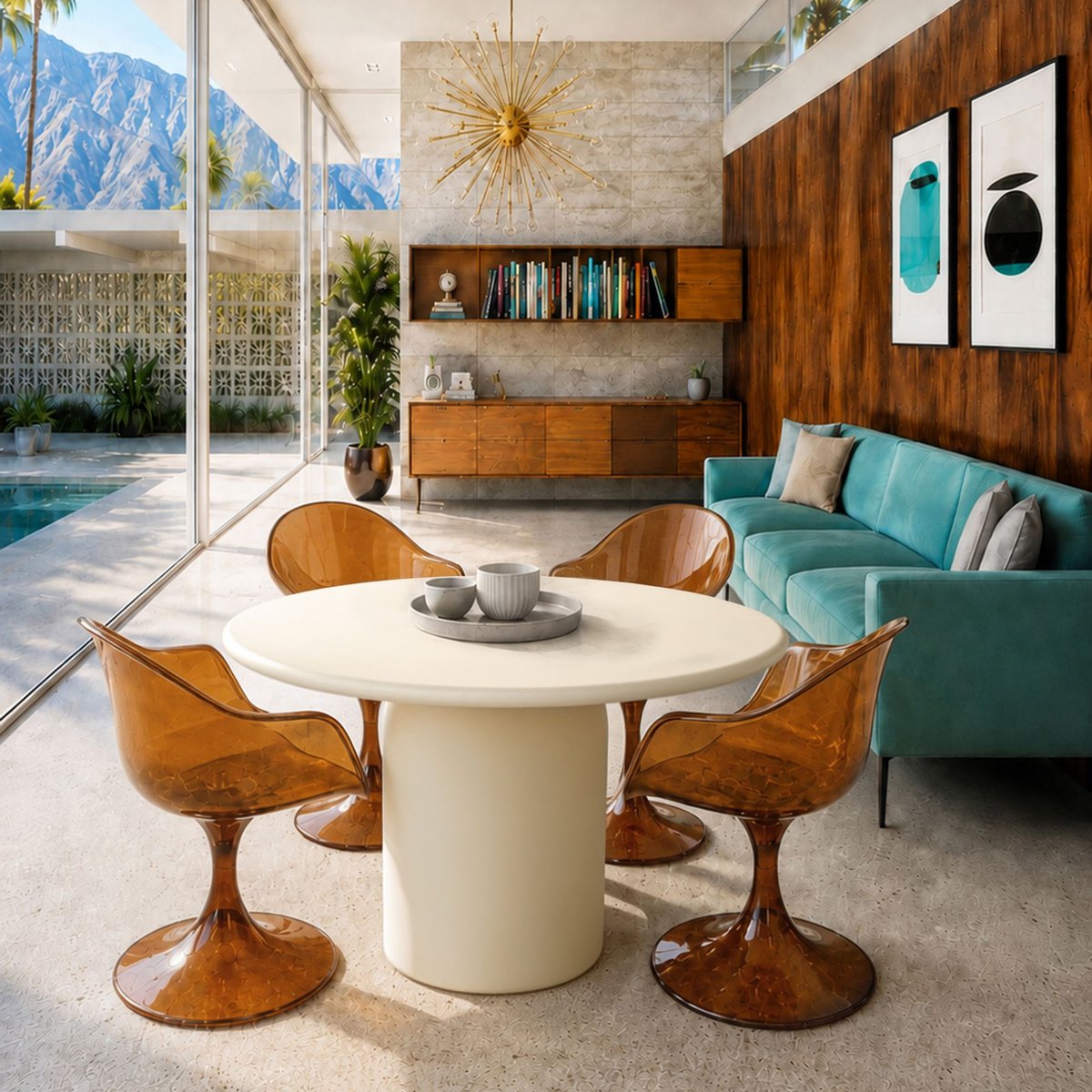 Table ronde effet béton Ø120cm avec 4 fauteuils GLAM couleur unique, NOW'S HOME