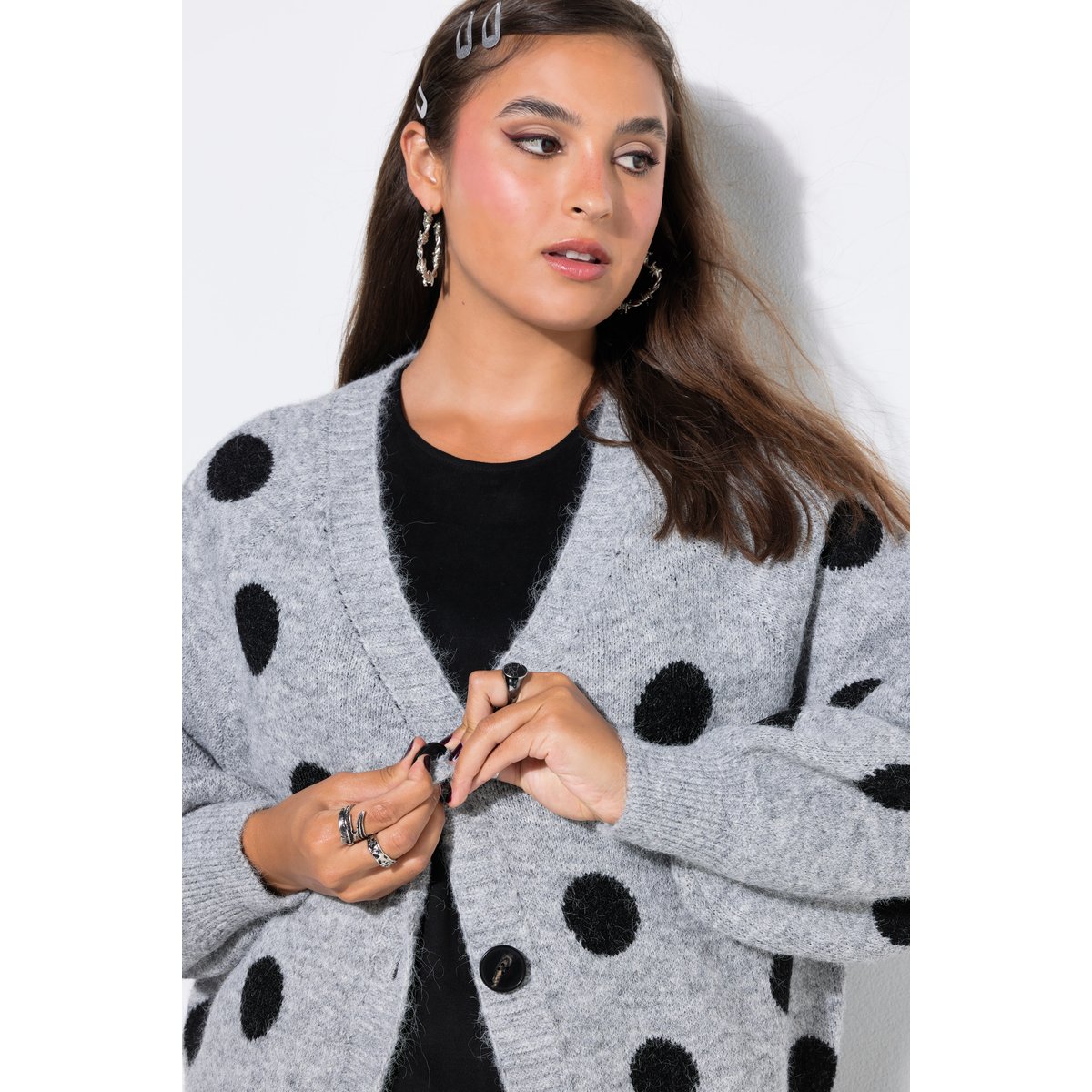 Cardigan, coupe oversize, à pois gris clair chiné, STUDIO UNTOLD