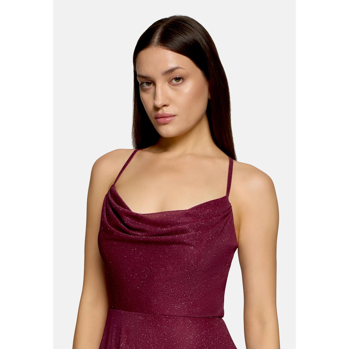 Robe de soirée à encolure bénitier rouge/gris, VERA MONT