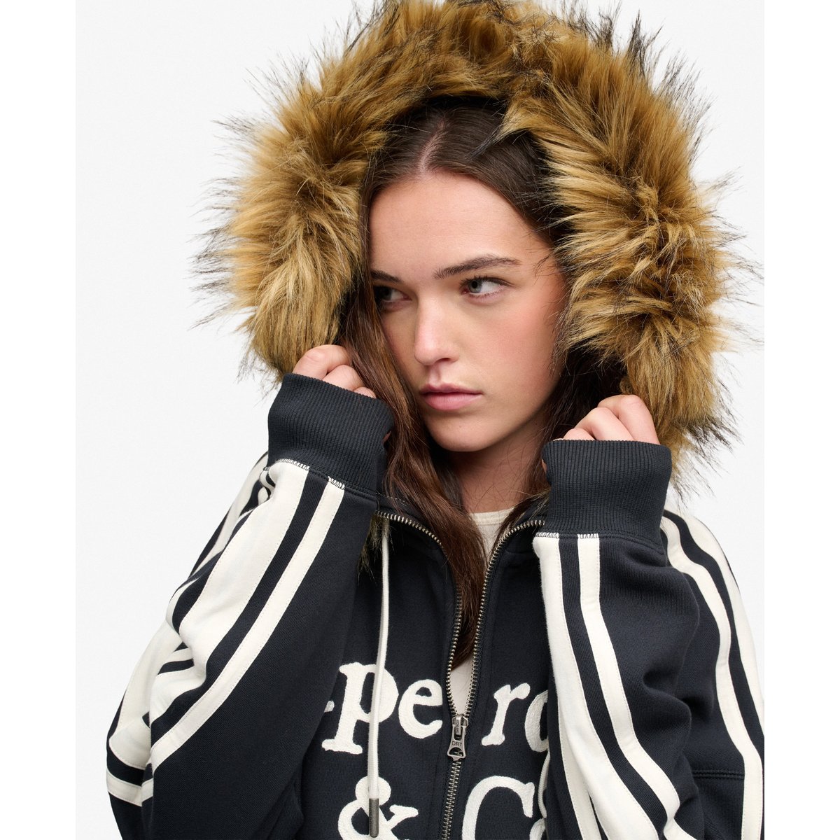 Sweat zippé à capuche Vintage Fur Applique coupe oversize bleu marine éclipse, SUPERDRY