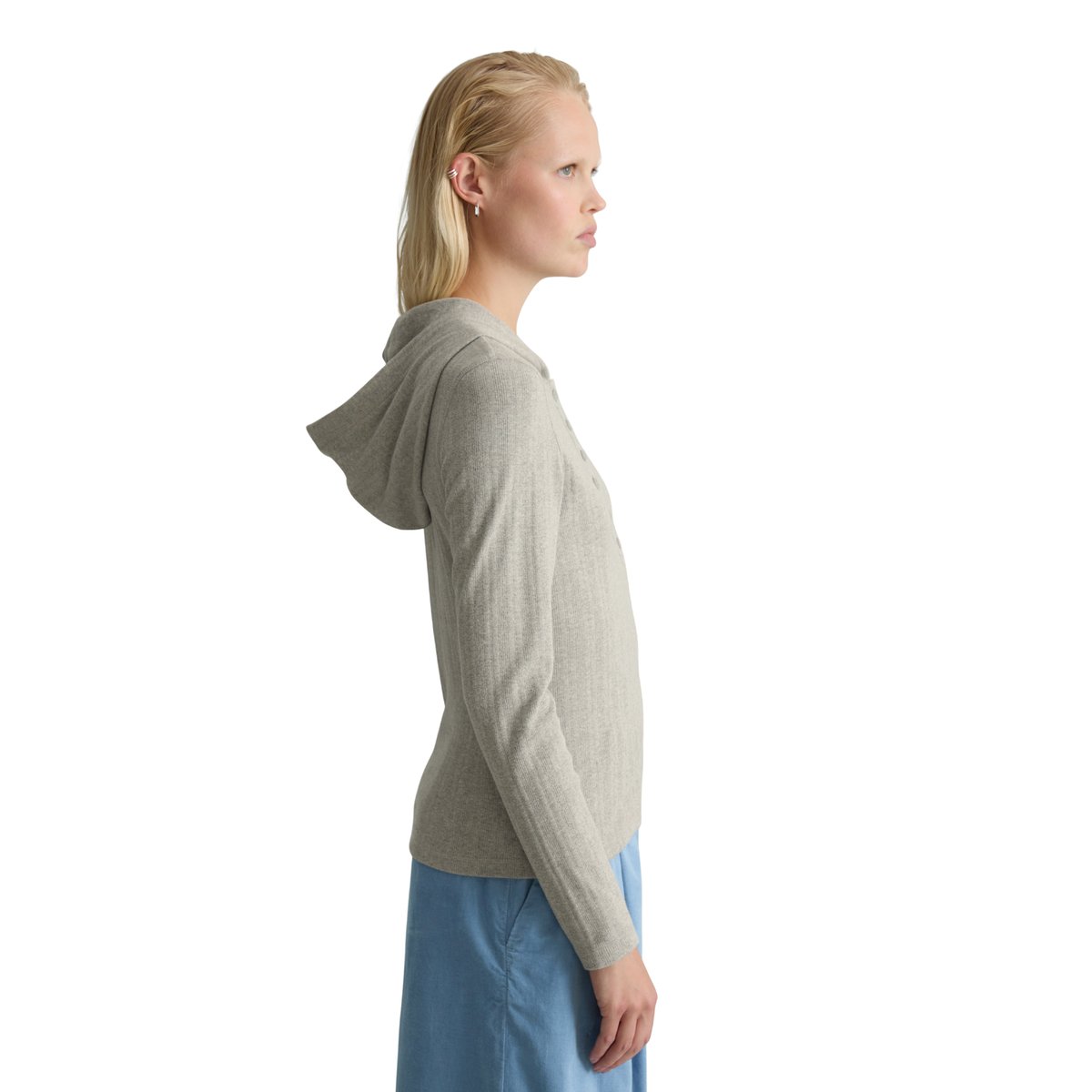 T-shirt à manches longues en jersey côtelé, à capuche, coupe ajustée en pur coton biologique gris, MARC O’POLO DENIM