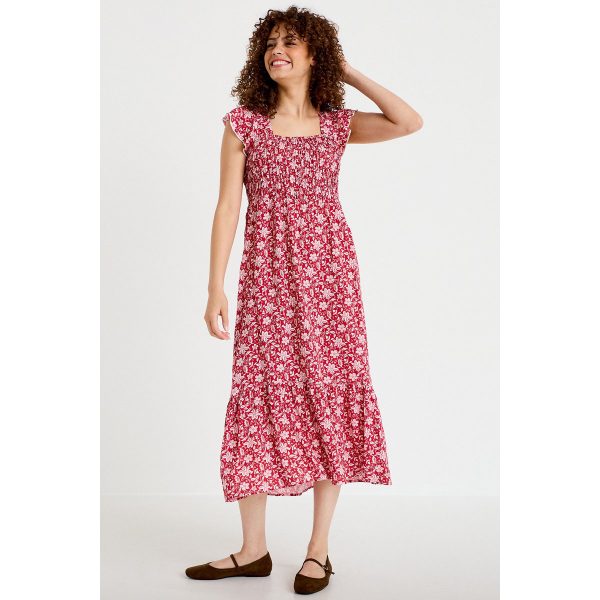 Robe longue évasée smockée rouge, CACHE CACHE
