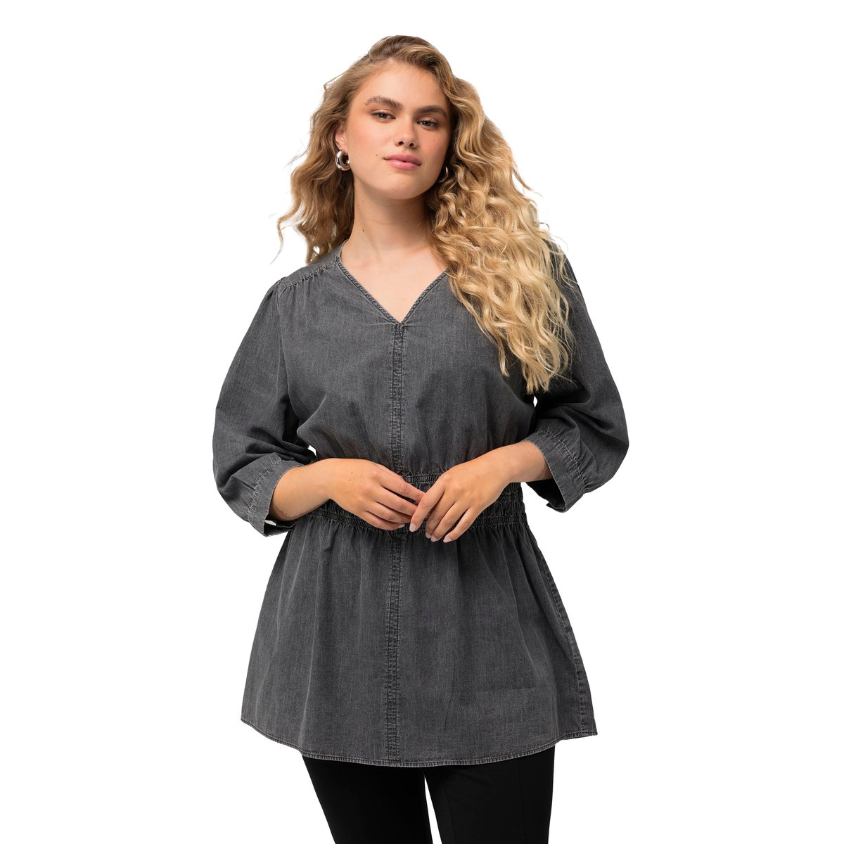 Blouse en jean à col en V et manches 3/4 chiné anthracite, ULLA POPKEN