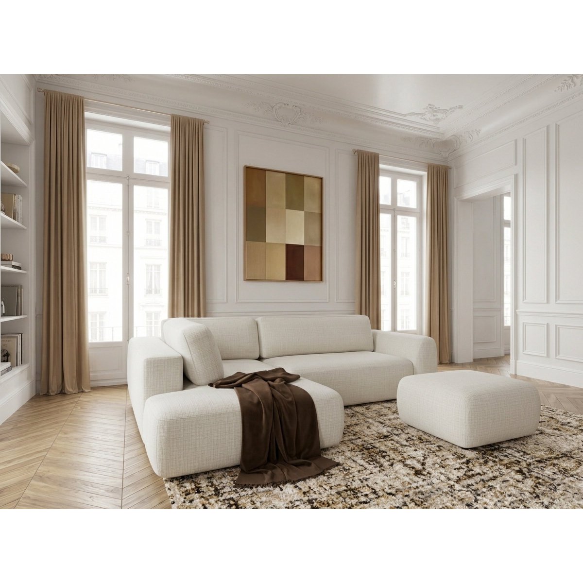 Canapé d'angle convertible 4 places en tissu texturé avec pouf, DENISE blanc, BOBOCHIC