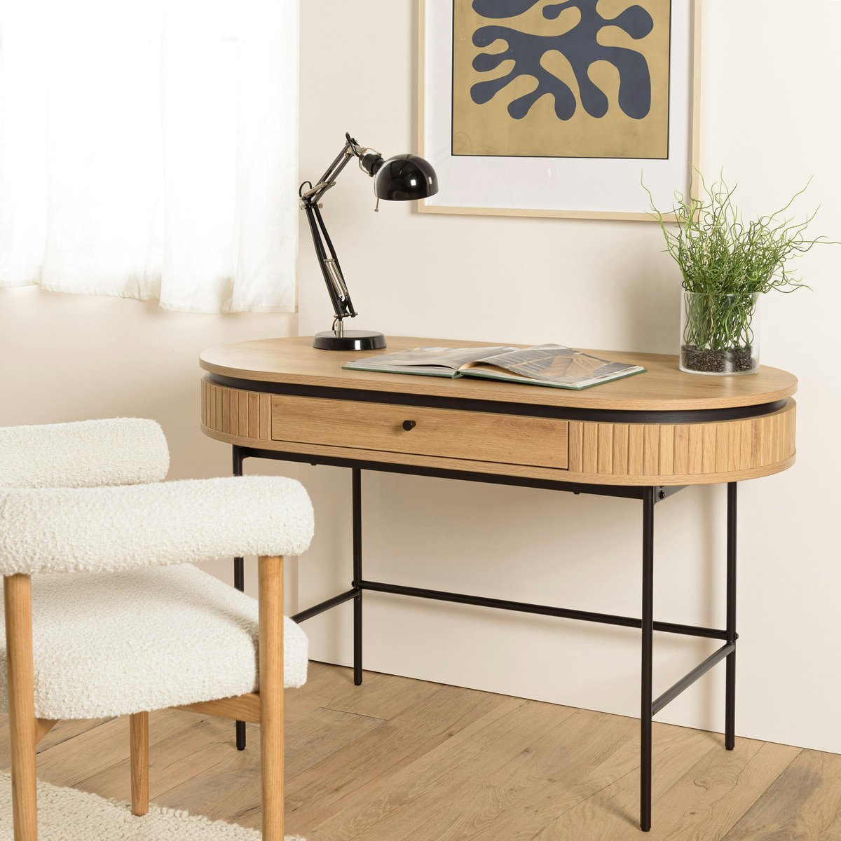 Bureau 1 tiroir bords arrondis décor strié JINAN bois naturel, PIER IMPORT