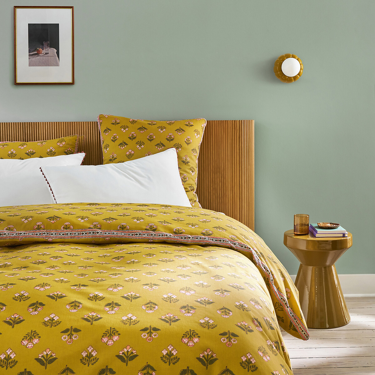 Vandi Ocre Floral Print Washed Cotton Pillowcase ochre print, LA REDOUTE INTERIEURS