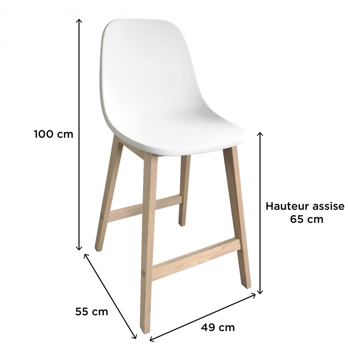Lot de chaises d'ilot et bar en chêne avec assise plastique 65cm ELIOS | Lot de 6 blanc, MOB IN